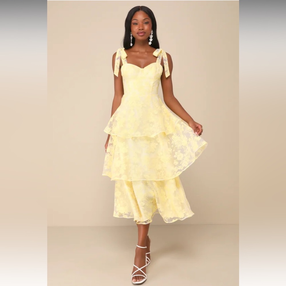 Glamorous Sweetie Yellow Burnout Tie-Strap Bustier Midi Dress